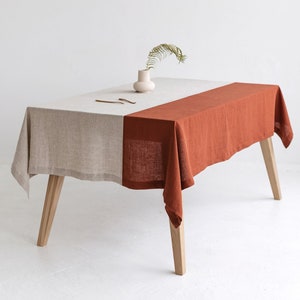 Color Block Rusty Linen Tablecloth, Rust Soft Linen Tablecloth, Two colors Linen Table Cloth, Natural Table Linens Sustainable Gift