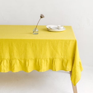 Amber Linen Tablecloth With Ruffle, Ruffled Linen Table Cloth for Wedding,Custom Size Linen Table Cover,Extra Large Linen Ruffle Tablecloth image 4
