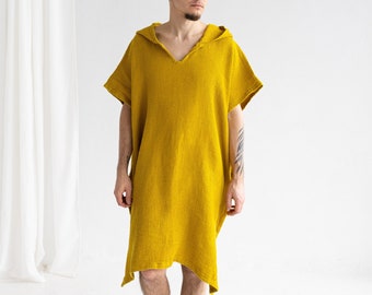 Linen Beach Men Poncho, Yellow Linen Hooded Surfers Poncho, Hooded Men's Poncho, Waffle Hooded Beachwear, Linen Beach Towel For Surfers