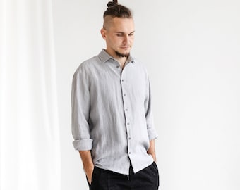 Linen Men's Shirt, Light Grey Linen Summer Shirt For Men,  Oxford Linen Shirt With Buttons, Classic Linen Shirt For Men With Long Sleeves