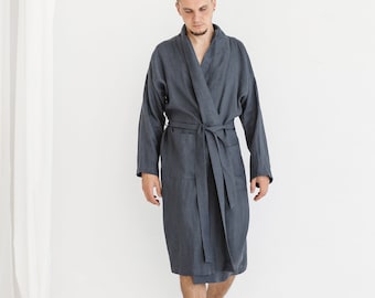Coal Grey Linen Bathrobe For Men, Long Linen Kimono Bath Robe With Belt, Men's Linen Bath Robe, Gray Linen Robe For Men, Men's linen robe