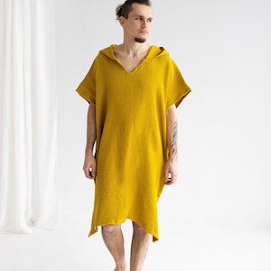 Linen Beach Unisex Poncho, Gelber Leinen mit Kapuze Surfer Poncho, Kapuzen Herren Poncho, Waffel Kapuzen Bademode, Leinen Strandtuch für Surfer