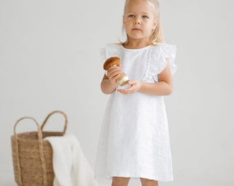 Girls Linen Dress With Ruffles, White Linen Sleeveless Dress, Toddler Linen Boho Dress, Linen Summer Dress, Girls Baptism Dress