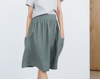 Green Skirt With Pockets,  Midi Linen Skirt With Elastic Band, Knee-length Linen Skirt