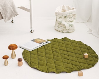 Moss Green Linen Baby Play Mat, Round Linen Quilted Playing Rug, Two-Sided Linen Nursery Rug, Linen Floor Padded Rug Mattress, Linen Playmat