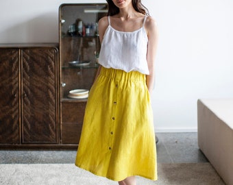 Linen Skirt With Buttons,  Midi Linen Skirt With Elastic Band, Knee-length Linen Skirt, Buttoned Linen Skirt With Pockets