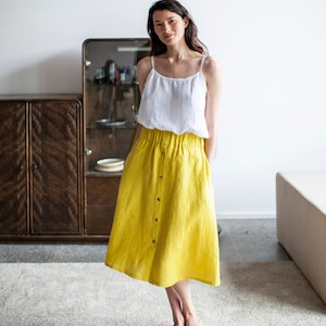 Linen Skirt With Buttons,  Midi Linen Skirt With Elastic Band, Knee-length Linen Skirt, Buttoned Linen Skirt With Pockets