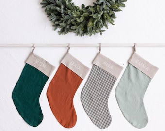 Embroidered Linen Stocking, Personalized Christmas Stocking, Linen Christmas Stocking, Christmas Stocking With Names, Farmhouse Stocking