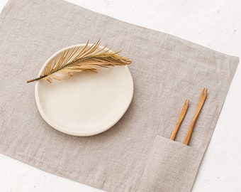 Set of 2 Natural Linen Placemats With Cutlery Pocket, Linen Table Placemat, Undyed Linen Placemats, Linen Table Mats, Dinning Placemats