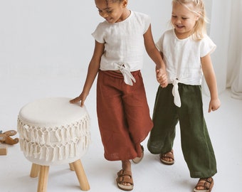 Culottes en lin pour filles, pantalons en lin unisexes enfants, pantalons Culotte en lin filles, pantalons en lin larges pour fille, pantalons en lin décontractés pour filles, pantalons courts larges