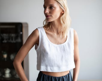 White Linen Crop Top, Short Linen Blouse, Short Linen Summer Top, White Linen Crop Top, Sleeveless Short Linen Top, Linen Tank Top