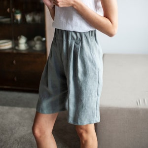 High Waisted Linen Shorts With Elastic Waistband, Linen Bermuda Shorts, High Waist Linen Shorts With Pockets, Summer Linen Shorts image 7