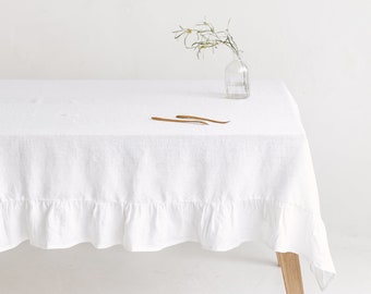White Linen Tablecloth With Ruffle, Ruffled Linen Table Cloth for Wedding,Custom Size Linen Table Cover,Extra Large Linen Ruffle Tablecloth