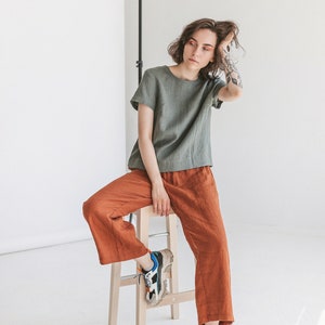 Linen Culottes With Elastic Waistband, Wide Linen Pants with Pockets, Wide Linen Trousers, Wide Leg Linen Trousers, High Waist Linen Pants