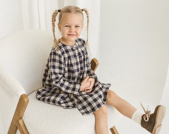 Girls Blue Gingham Linen Dress With Buttons, Linen Christmas Dress With Long Sleeves, Toddler Linen Boho Dress,Gingham Linen Christmas Dress