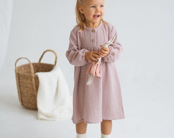 Mädchen Musselin Kleid mit Knöpfen, Hell Rosa Musselin Kleid mit Bischof Ärmeln, Kleinkind Baumwolle Boho Kleid, Lange Ärmel Musselin Weihnachtskleid