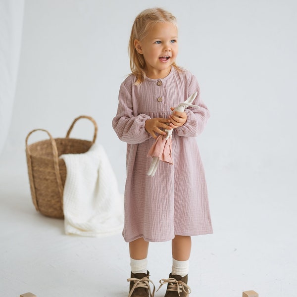 Robe mousseline filles avec boutons, robe de gaze rose pâle avec manches bishop, robe boho en coton pour tout-petits, robe de Noël en mousseline à manches longues