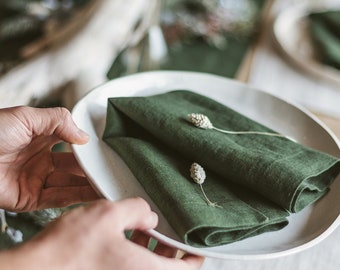 Softened Linen Napkins Set, Green Linen Napkins, Mitered Corners Linen Napkins, Pure Linen Napkin, Washed Linen Table, Stone Washed Linen