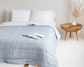 Linen Quilted Bedspread,Light Blue Linen Bedspread,Linen Quilt,Natural Bed Cover,Linen Bed Throw,Queen Linen Coverlet,King Linen Bed Cover