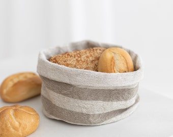 Linen Bread Basket, Striped Linen Bread Bag, Two-sided Linen Basket, Plant pot linen bag, Linen Storage Bag