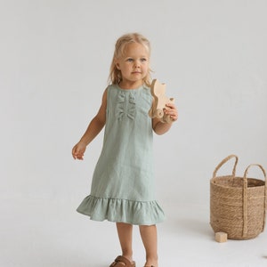 Girls Linen Dress With Ruffles, Girls Linen Frilly Dress, Toddler Linen Boho Dress, Sage Linen Summer Dress, Girls Casual Linen Mint Dress