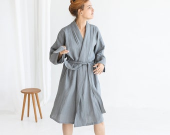 Pigeon Grey Linen Bathrobe For Women, Long Linen Kimono Bath Robe With Belt, Linen Dressing Gown