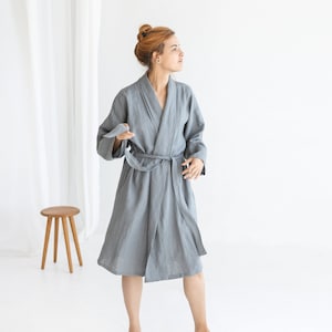 Pigeon Grey Linen Bathrobe For Women, Long Linen Kimono Bath Robe With Belt, Linen Dressing Gown