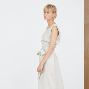 Natural Light Linen Midi Dress, Tie Belt Linen Dress, Natural Linen Summer Dress, Elegant Light Linen Dress