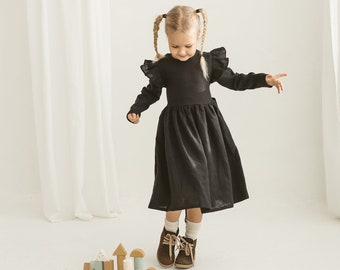 Girls Black Linen Christmas Dress With Buttons And Ribbon, Festive Linen Dress With Long Sleeves, Long Sleeve Linen Photoshoot Dress