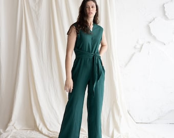 Emerald Linen Jumpsuit With Belt, Sleeveless Linen Overall, Linen Romper With Belt, Loose Fit Linen Jumpsuit With Pockets