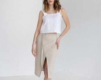 Natural Linen Wrap Skirt,  Midi Linen Skirt, Knee-length Linen Skirt, Wrap Linen Skirt