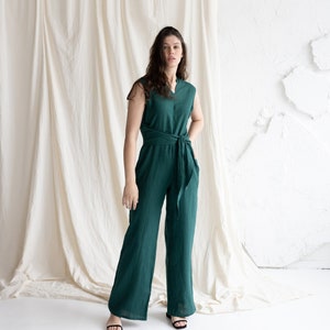 Emerald Linen Jumpsuit With Belt, Sleeveless Linen Overall, Linen Romper With Belt, Loose Fit Linen Jumpsuit With Pockets