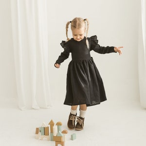 Girls Black Linen Christmas Dress With Buttons And Ribbon, Festive Linen Dress With Long Sleeves, Long Sleeve Linen Photoshoot Dress image 1