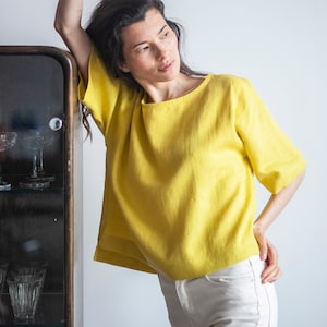 Chemisier en lin jaune, haut surdimensionné en lin, tunique en lin verte, chemisier à épaules tombantes