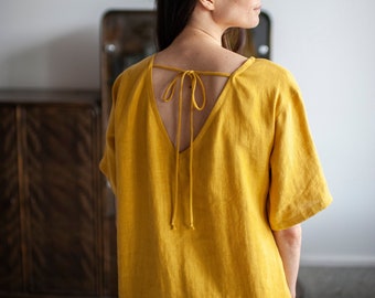 Yellow Linen Dress With Open Back, Loose Linen Dress With Pockets, Oversized Naked Back Linen Dress, Loose Backless Linen Summer Dress