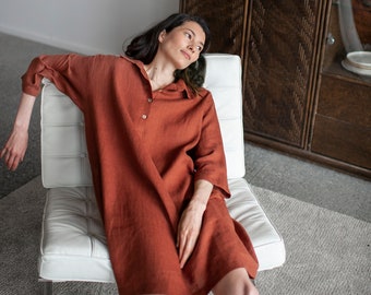 Rust Linen Shirt Dress, Loose Linen Shirtdress With Buttons, Oversized Linen Dress