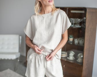 Natural Linen Pajama Set,Linen Two Piece Pajama Set,Linen Pajama Short, Linen Pajama Top and Shorts,Linen Sleepwear Set,Linen Summer Pajama