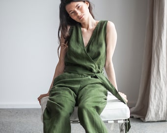 Green Wrap Linen Jumpsuit With Belt, Sleeveless Linen Overall, Linen Romper With Belt, Loose Fit Linen Jumpsuit With Pockets