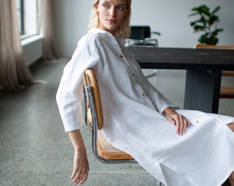 White Long Linen Shirt Dress, Loose Linen Shirt Dress With Buttons, Oversized Linen Dress with Pockets, Linen Shirt Dress