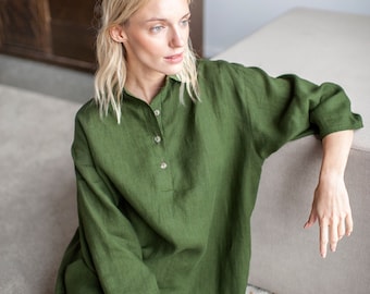 Green Linen Shirt Dress, Loose Linen Shirt Dress With Buttons, Oversized Linen Dress