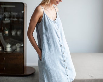 Linen Slip Dress With Buttons,Buttoned Linen Spaghetti Strap Dress,Short Linen Summer Dress,Linen Cami Dress,Loose Linen Dress With Pockets