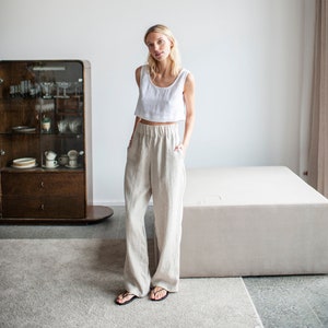 Wide Leg Linen Woman Pants with Pockets, High Waisted Linen Pants With Elastic Waistband, Beige Linen Pants, Long Wide Linen Trousers
