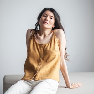 Amber Linen Cami With Straps, Linen Slip Top With Buttons, Basic Linen Top, Linen Tank Top, Spaghetti Straps Top, Linen Camisole With Straps
