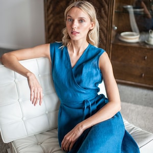 Linen Wrap Dress, Sleeveless Linen Dress, Linen Summer Wrap Dress