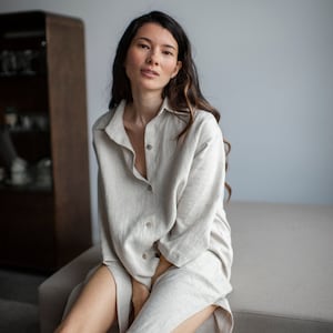 Natural Light Long Linen Shirt Dress, Loose Linen Shirt Dress With Buttons, Oversized Linen Dress with Pockets, Linen Shirt Dress