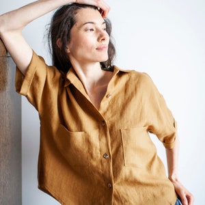 Oversized Linen Shirt, Loose Linen Shirt With Buttons, Classic Linen Shirt, Casual Woman Linen Shirt, Short Sleeves Linen Shirt