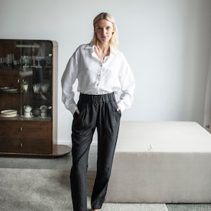 Black Linen Woman Pants with Pockets, High Waisted Linen Trousers With Elastic Waistband,Casual Tapered Linen Pants,Long Classic Linen Pants