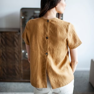Linen Top With Buttons, Linen Shirt With Buttons In Back, Back Buttoned Linen Blouse, Loose Summer Linen Top