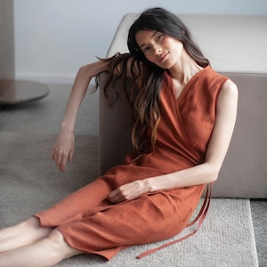Linen Wrap Dress, Sleeveless Linen Dress, Linen Summer Wrap Dress