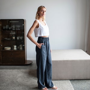 Wide Leg Linen Woman Pants with Pockets, High Waisted Linen Pants With Elastic Waistband, Grey Linen Pants, Long Wide Linen Trousers